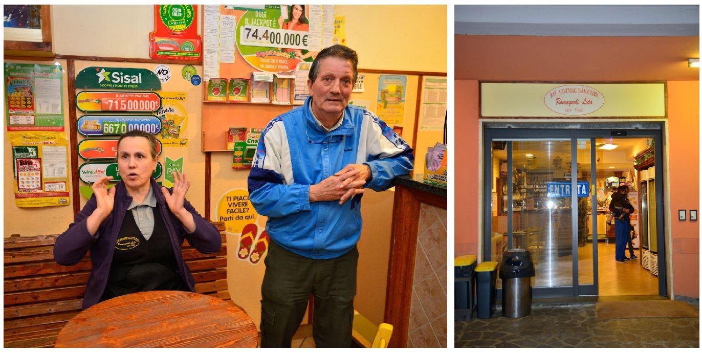 Daniela Desideri e Lido Romagnoli, a destra l'ingresso del loro bar-alimentari (Foto Agenzia Carlo Sestini)