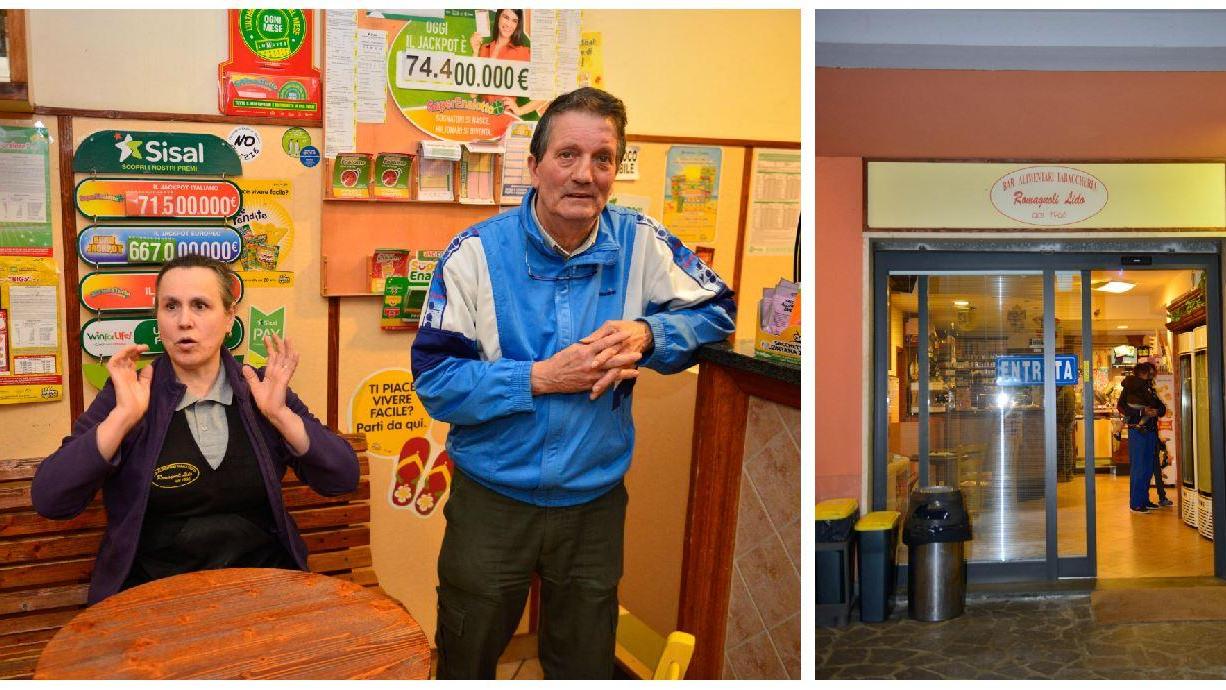 Daniela Desideri e Lido Romagnoli, a destra l'ingresso del loro bar-alimentari (Foto Agenzia Carlo Sestini)