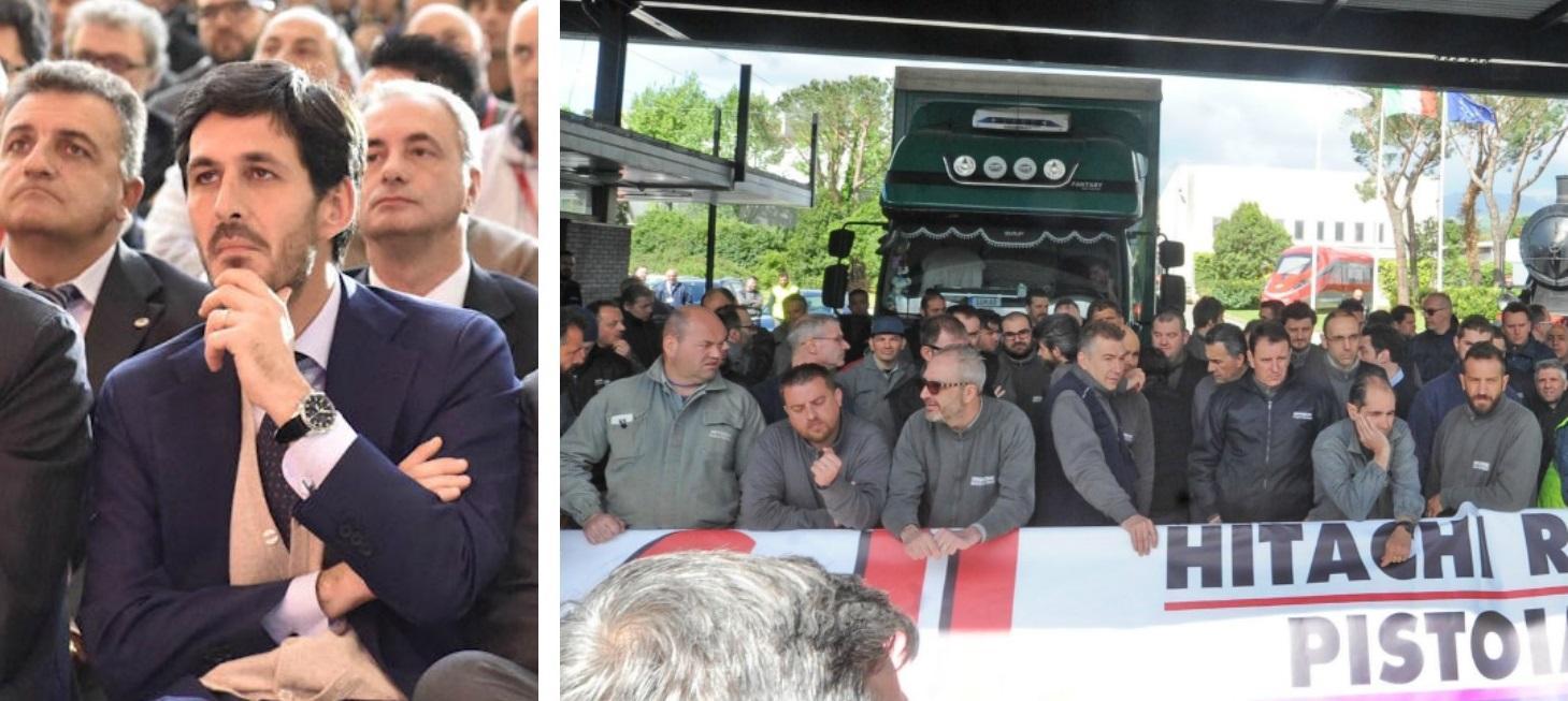 Ernesto Martinelli, direttore del personale di Hitachi a Pistoia e il presidio dei dipendenti ai cancelli della fabbrica