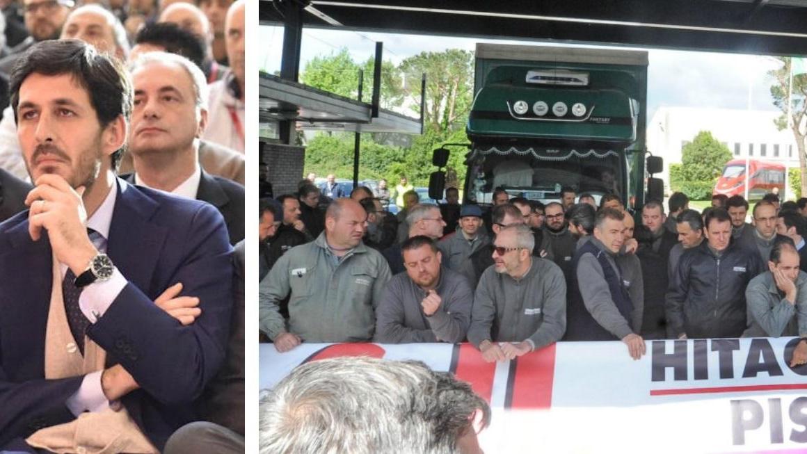 Ernesto Martinelli, direttore del personale di Hitachi a Pistoia e il presidio dei dipendenti ai cancelli della fabbrica