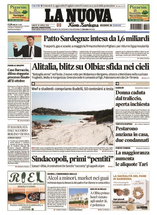 La Nuova Sardegna - Prima pagina - 30 aprile 2016