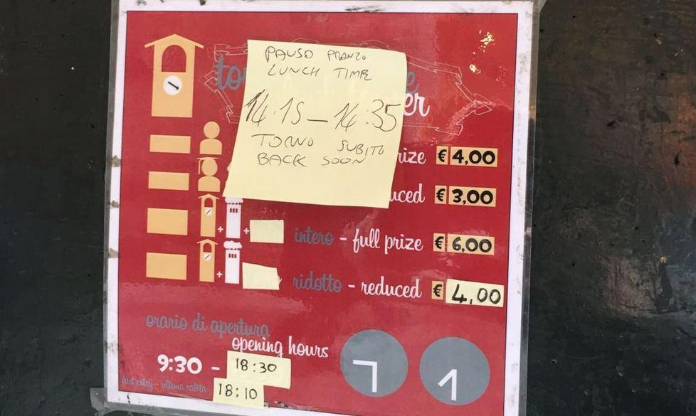 Torre chiusa per “Pausa Pranzo”