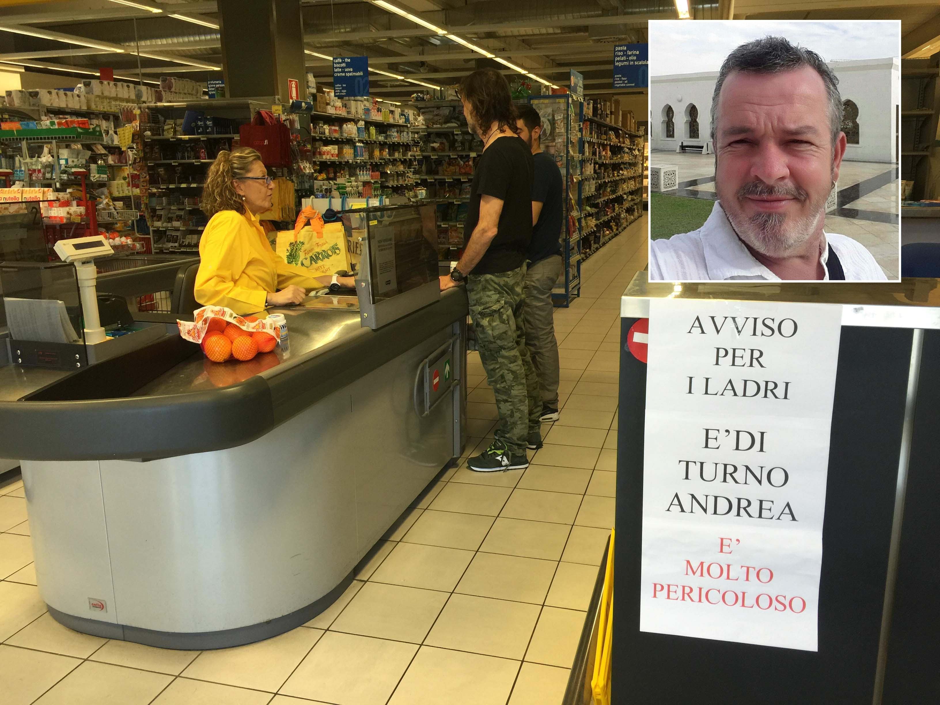 L'interno del supermercato col cartello di avviso per i ladri e, nel riquadro, Andrea Marconi (Foto Franco Silvi)