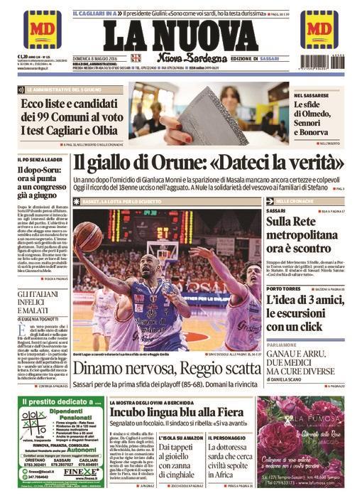La Nuova Sardegna - Prima pagina - 8 maggio 2016