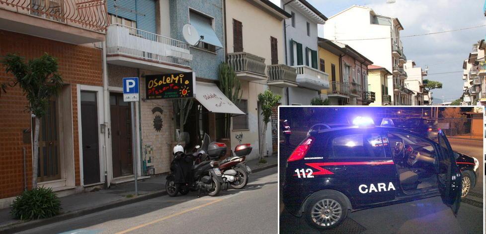 La pizzeria "O'sole mio" e nel riquadro una pattuaglia dei carabinieri