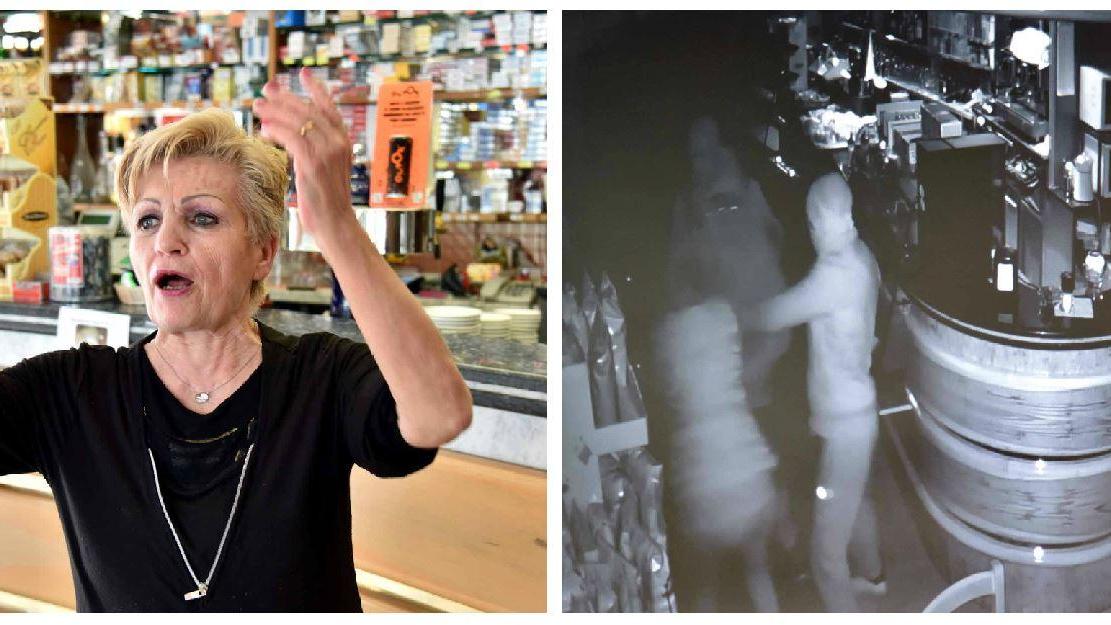 Lorena Bonistalli e a destra i banditi mentre la scaraventano a terra (foto Agenzia Carlo Sestini)