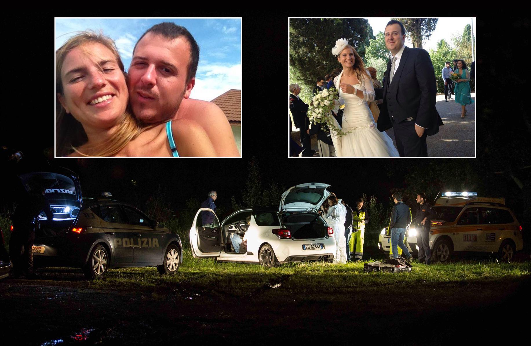 La polizia scientifica al lavoro sul luogo in cui è stata trovata l'auto con i due morti (Tommaso Gasperini / Massimo Sestini) - Nei riquadri, i due ex coniugi in due momenti felici