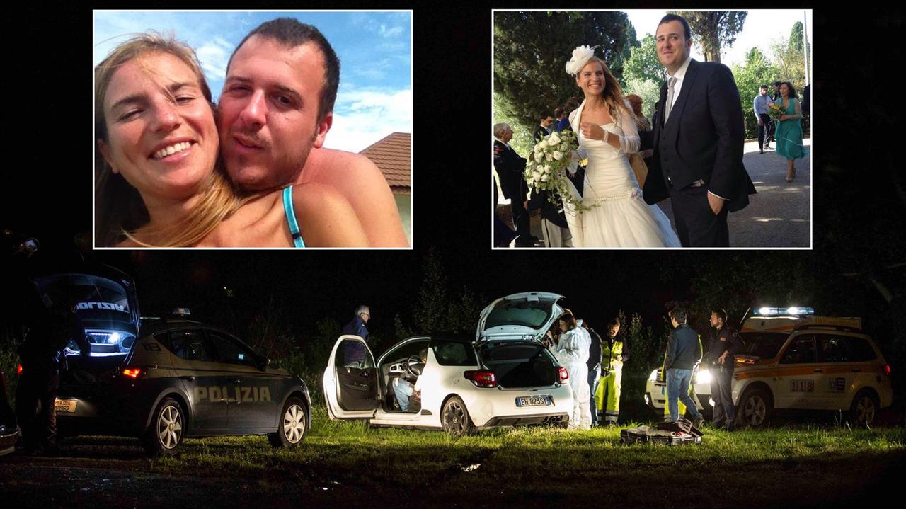 La polizia scientifica al lavoro sul luogo in cui è stata trovata l'auto con i due morti (Tommaso Gasperini / Massimo Sestini) - Nei riquadri, i due ex coniugi in due momenti felici