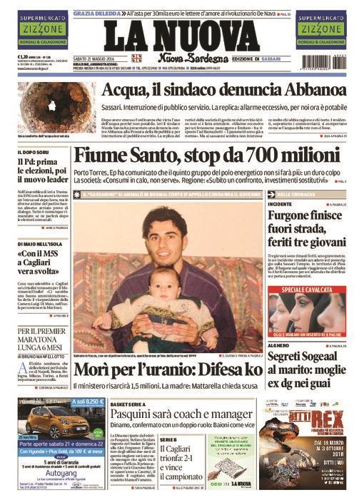 La Nuova Sardegna - Prima pagina - 21 maggio 2016