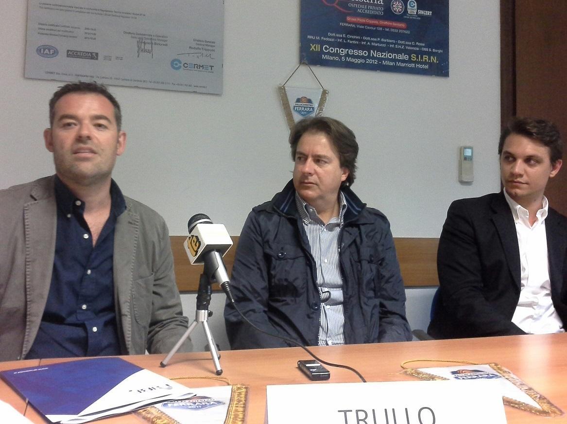 Il presidente Fabio Bulgarelli, il coach e diesse Tony Trullo e Vittorio Veronesi in conferenza stampa