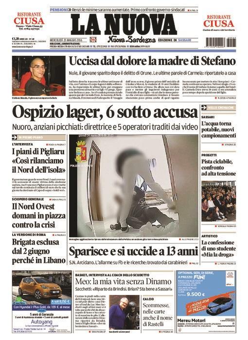 La Nuova Sardegna - Prima pagina - 25 maggio 2016