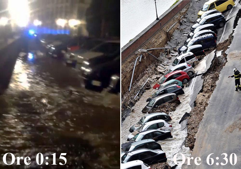 Un video mostra l'allagamento poco dopo mezzanotte. A destra la voragine che si aperta alle 6,30