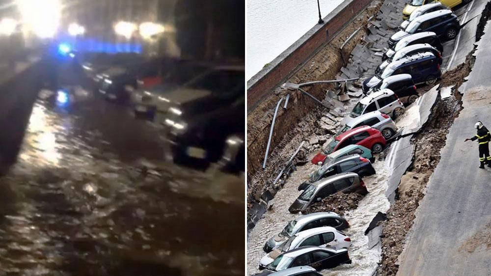 Un video mostra l'allagamento poco dopo mezzanotte. A destra la voragine che si aperta alle 6,30