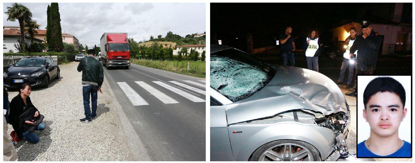 La disperazione della mamma di Jiahao Hu tornata  sul luogo della tragedia, l'Audi di Maccanti e la vittima (Foto Agenzia Carlo Sestini)