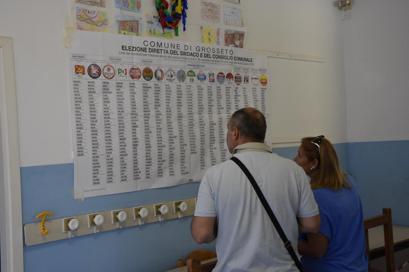 Due elettori davanti alla lista dei candidati in un seggio grossetano (foto Agenzia Bf)