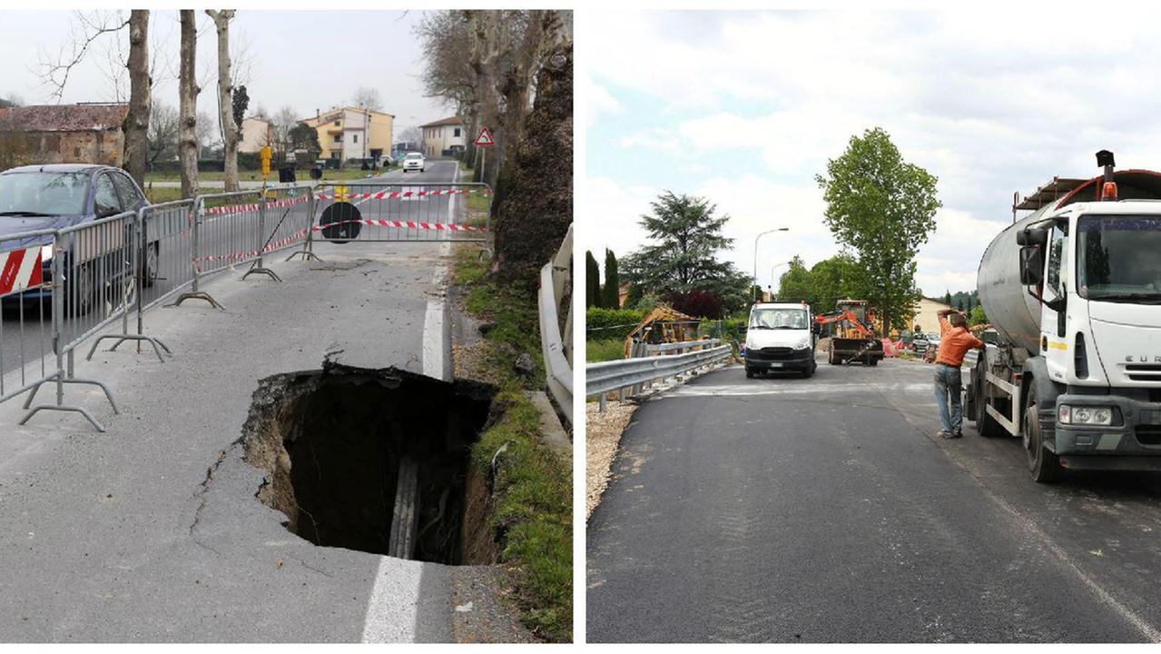 La voragine che si aprì sulla Provinciale a Gavena a fine 2012 e a destra gli ultimi ritocchi prima del taglio del nastro (Foto Agenzia Carlo Sestini)