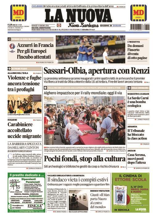La Nuova Sardegna - Prima pagina - 9 giugno 2016