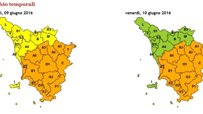 La mappa del rischio temporali in Toscana per il 9 e il 10 giugno