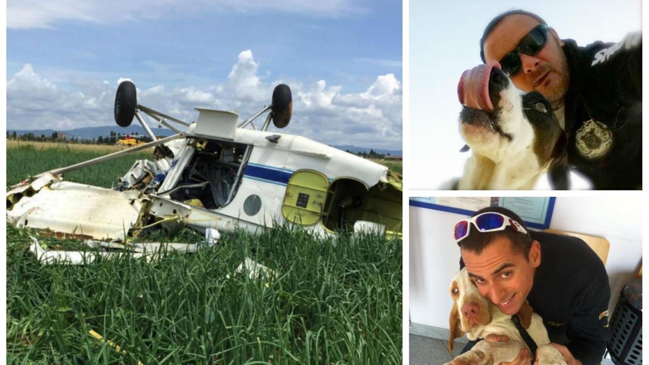 Il pilota Alessio Orzella (sopra), il copilota Cherubino Sbrana e l’aereo caduto
