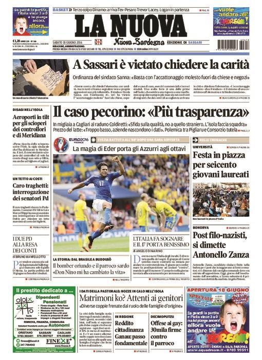 La Nuova Sardegna - Prima pagina - 18 giugno 2016
