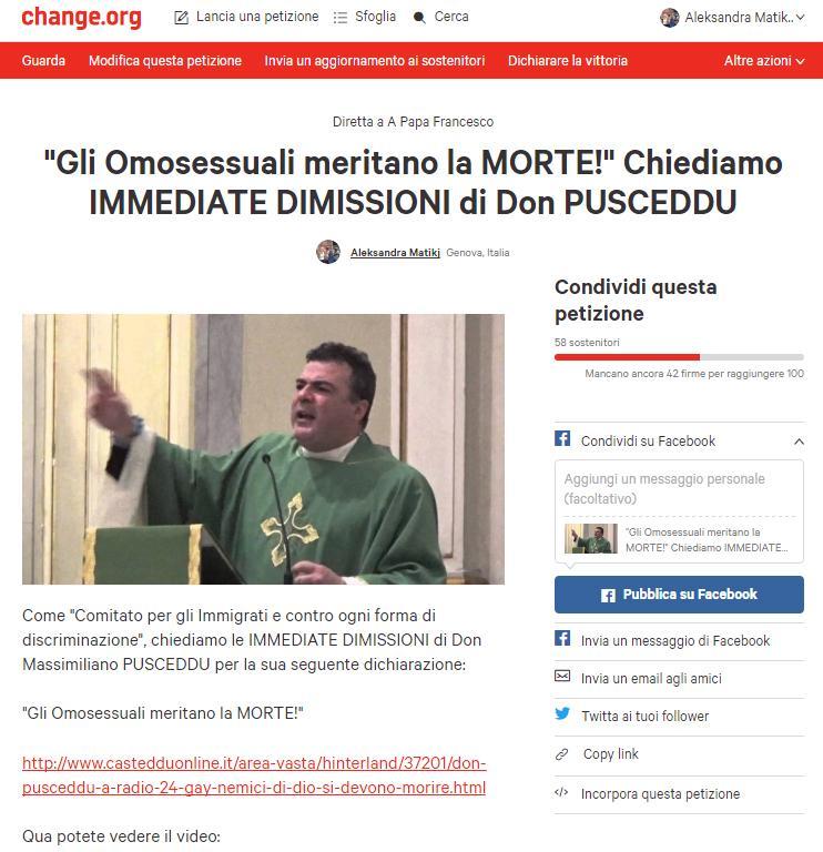 L’home page del sito che raccoglie le firme contro don Pusceddu