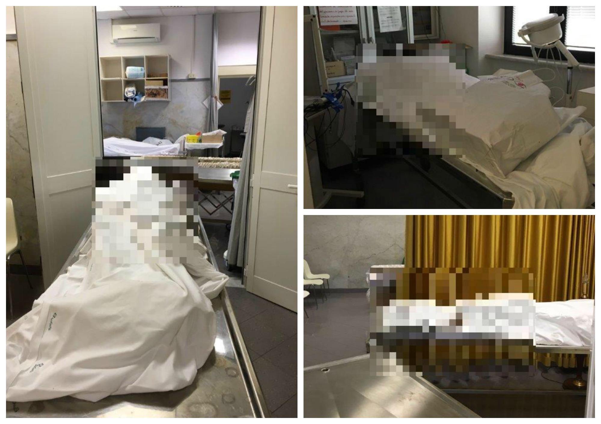 Alcune salme sistemate in un magazzino per l'occupazione delle cappelle del commiato