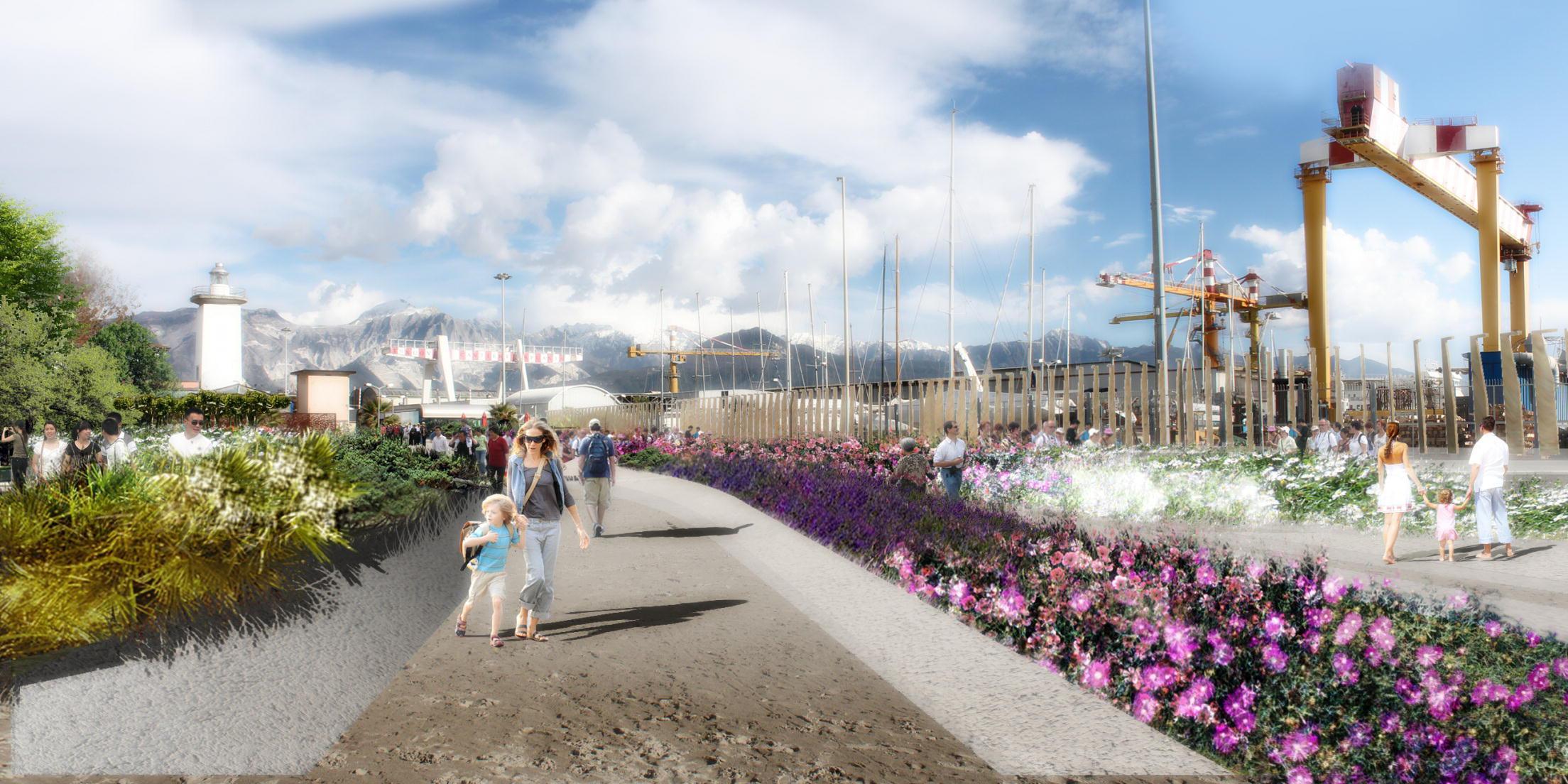 Un rendering del Water front del porto di Marina di Carrara e