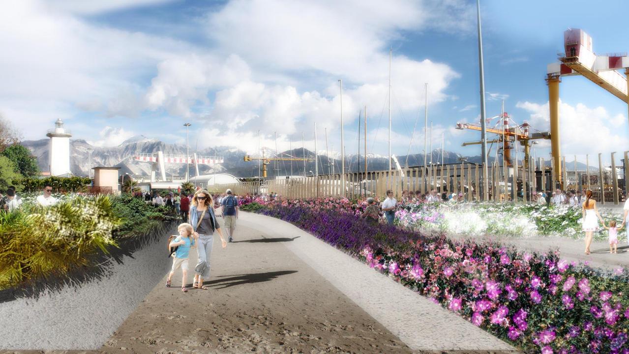 Un rendering del Water front del porto di Marina di Carrara e