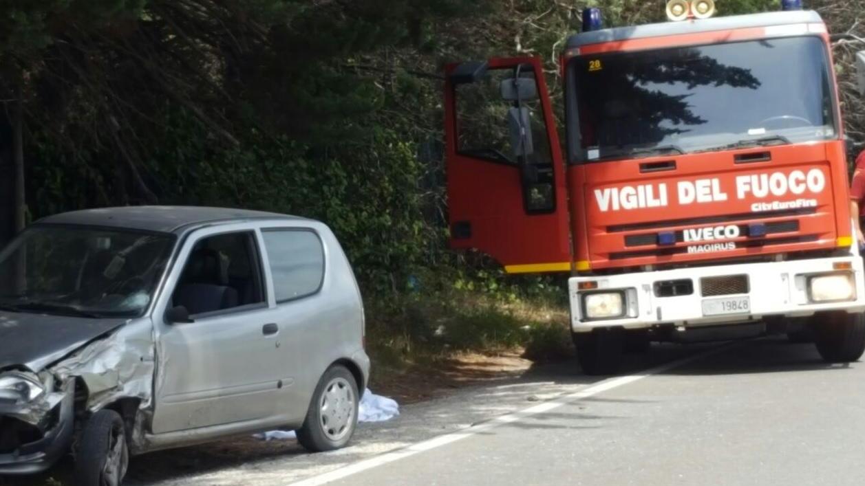 Il camion dei vigili del fuoco accorsi sul posto e, a sinistra, l'auto incidentata (foto Enzo Russo)