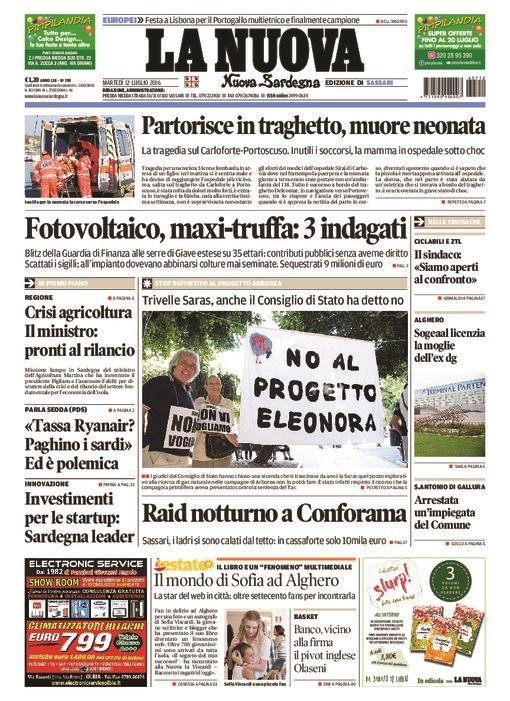 La Nuova Sardegna - Prima pagina - 12 luglio 2016