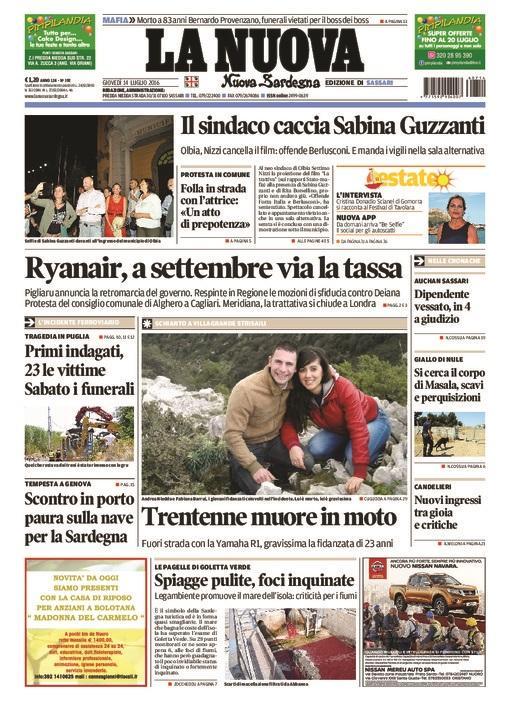 La Nuova Sardegna - Prima pagina - 14 luglio 2016