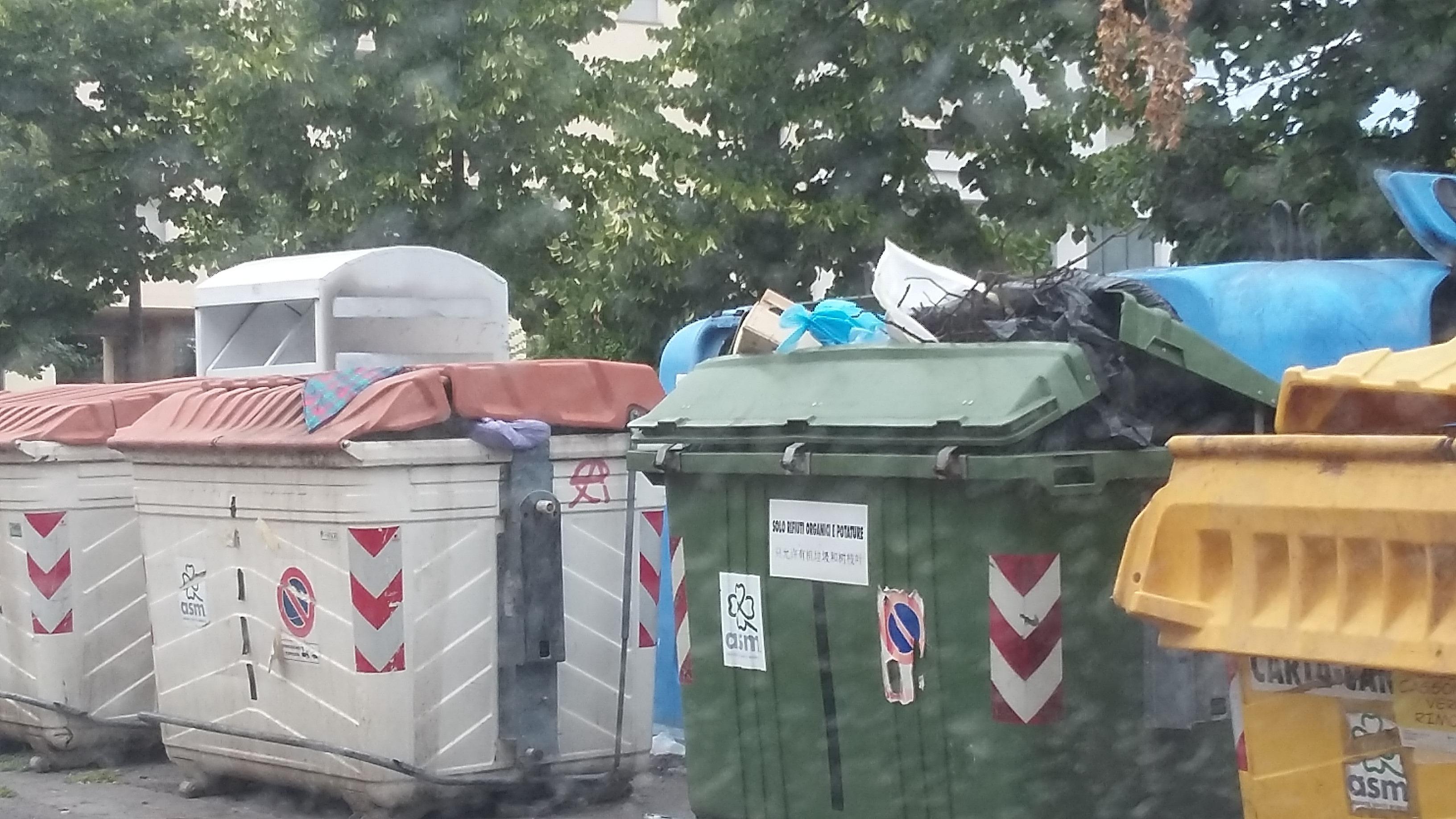 Cassonetti di rifiuti in via Padre Pio da Pietralcina