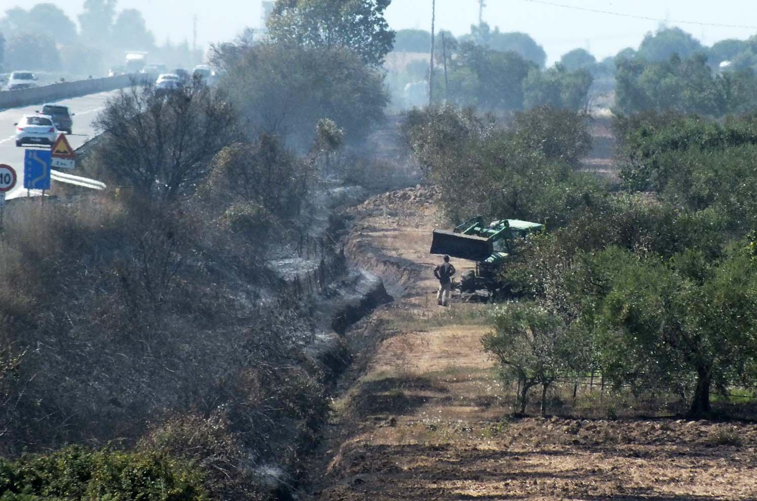 I campi che costeggiano la variante Aurelia durante l’incendio scoppiato ieri tra la stazione di Vignale Riotorto e Carbonifera (fotoservizio Paolo Barlettani) 