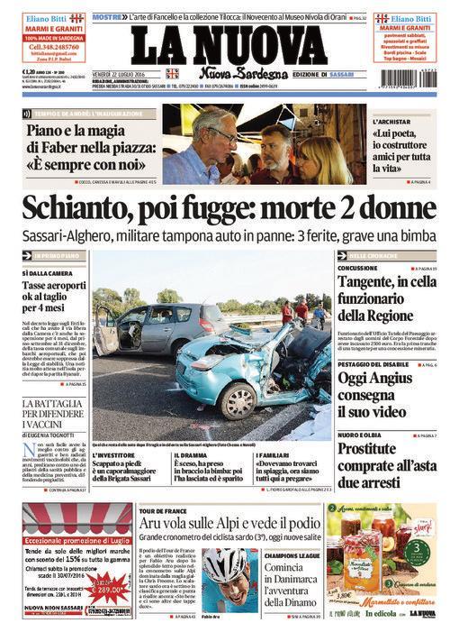 La Nuova Sardegna - Prima pagina - 22 luglio 2016