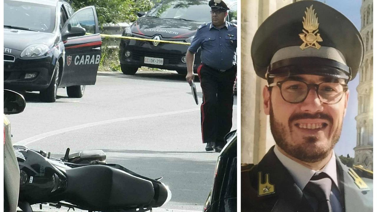 A sinistra, la moto sull'asfalto di viale D'Annunzio; a destra il finanziere Giuseppe Lanotte