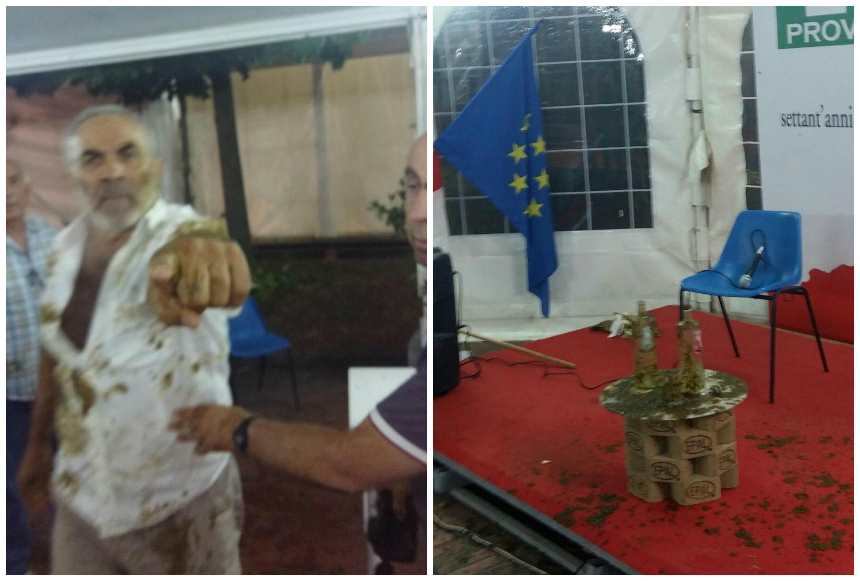 L'aggressore sporco di escrementi e, a destra, il palco dopo il suo blitz