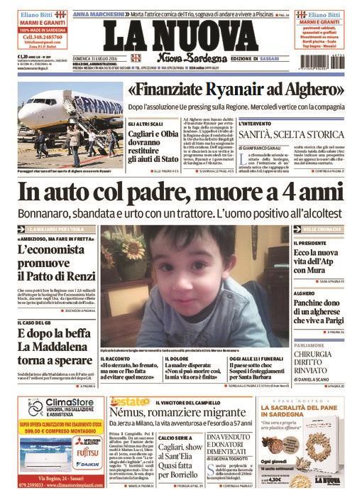 La Nuova Sardegna - Prima pagina - 31 luglio 2016