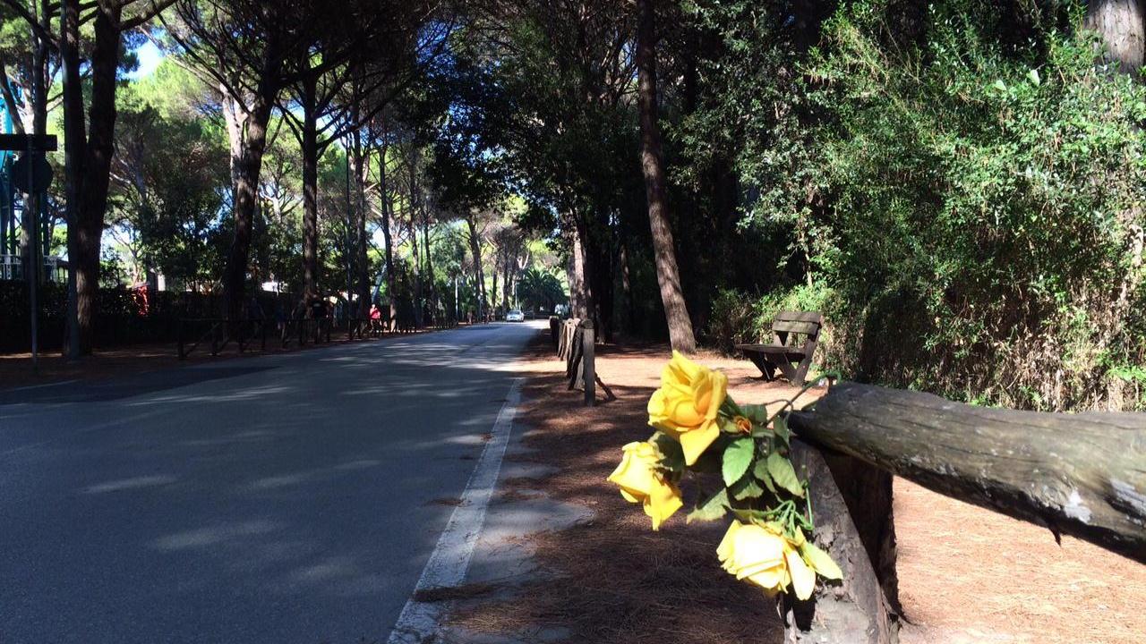 Il mazzolino di fiori sul luogo dell'incidente