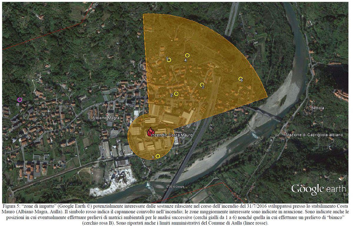 Mappa realizzata da Arpat con le zone d'impatto interessate dalle conseguenze dell'incendio
