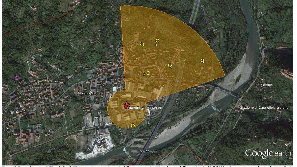 Mappa realizzata da Arpat con le zone d'impatto interessate dalle conseguenze dell'incendio