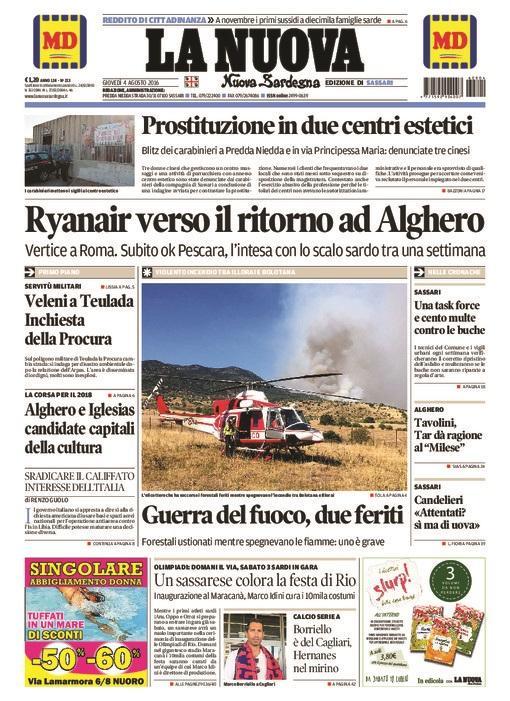 La Nuova Sardegna - Prima pagina - 4 agosto 2016
