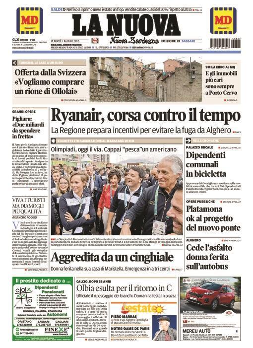 La Nuova Sardegna - Prima pagina - 5 agosto 2016