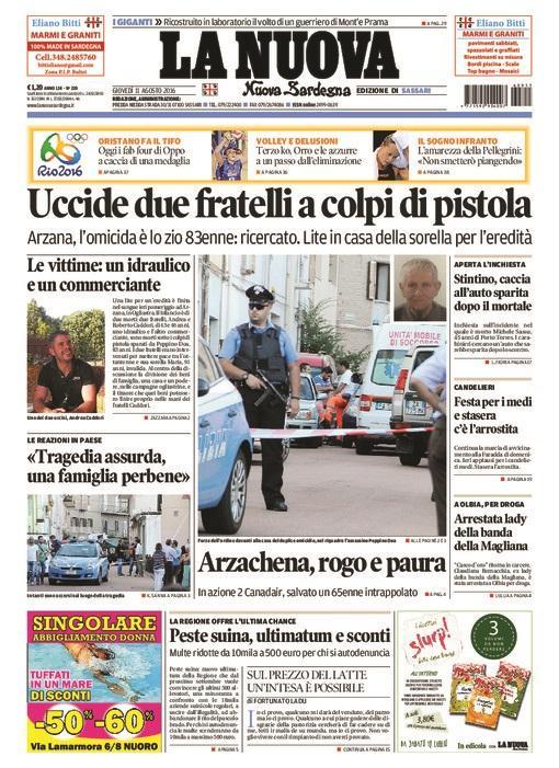 La Nuova Sardegna - Prima pagina - 11 agosto 2016