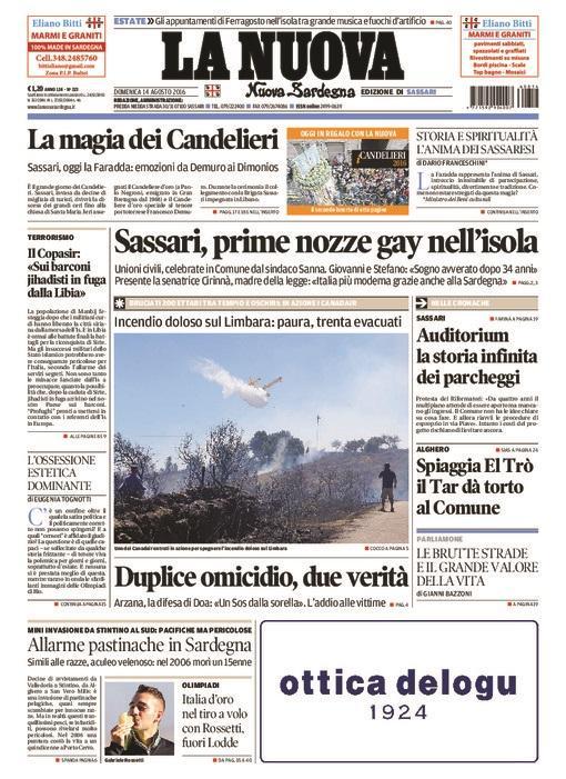 La Nuova Sardegna - Prima pagina - 14 agosto 2016