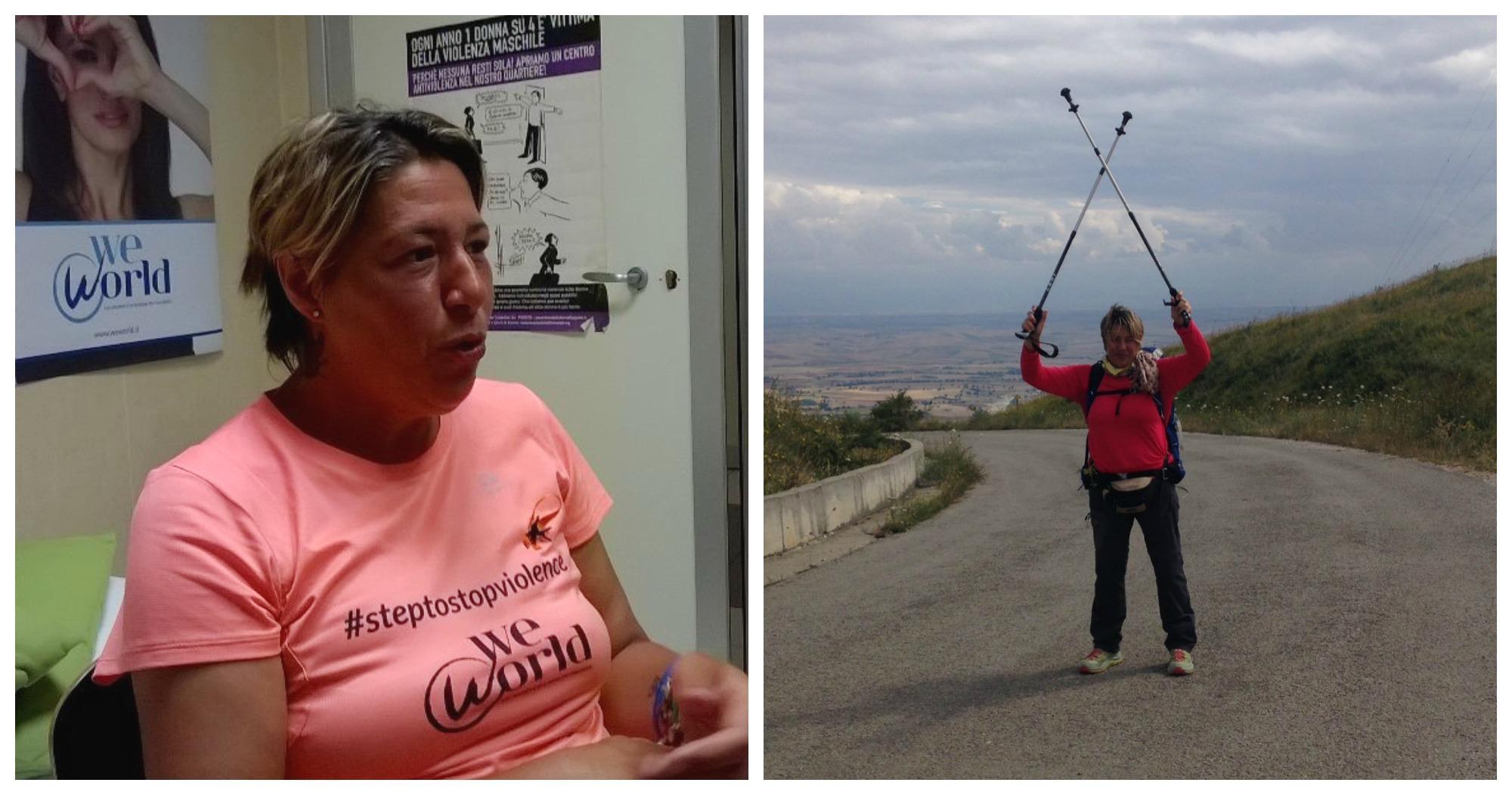Da sinistra Grazia Andriola in un centro di ascolto con la maglietta che riporta l’hashtag di Twitter #steptostopviolence e in una fase del cammino