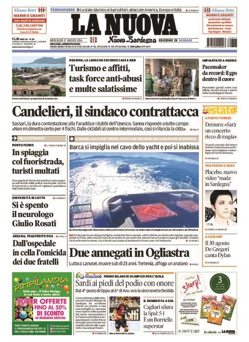 La Nuova Sardegna - Prima pagina - 17 agosto 2016