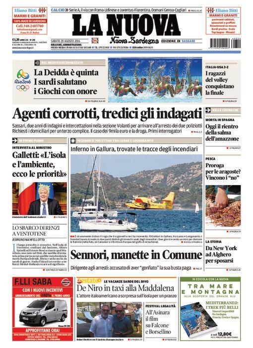 La Nuova Sardegna - Prima pagina - 20 agosto 2016