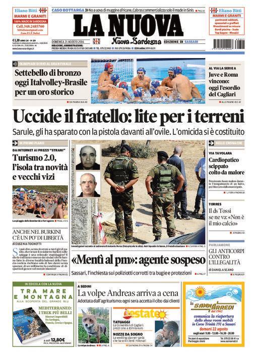 La Nuova Sardegna - Prima pagina - 21 agosto 2016