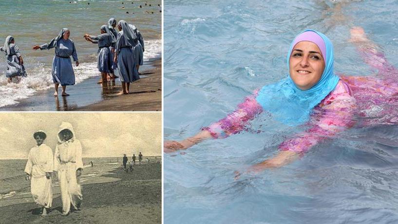 A sinistra, in alto, la foto postata su Facebook dall'Imam di Firenze, poi rimossa. In basso a sinistra, donne vestite sulla spiaggia di Viareggio nel secolo scorso. A destra, invece, una donna musulmana che indossa il burkini e sorride felice