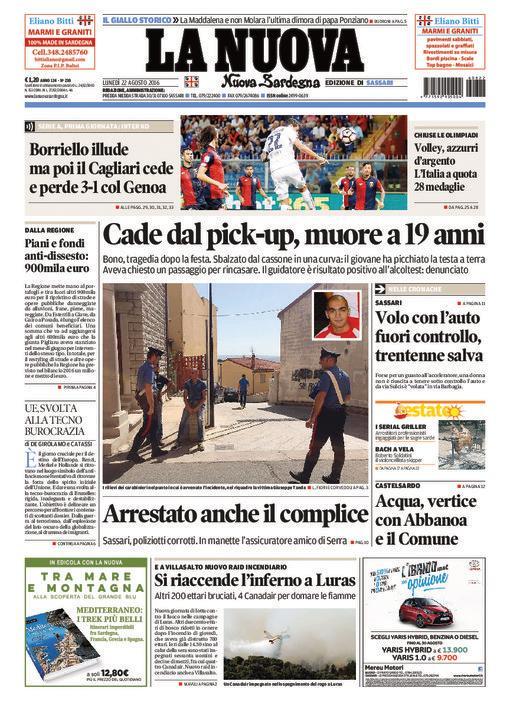 La Nuova Sardegna - Prima pagina - 22 agosto 2016